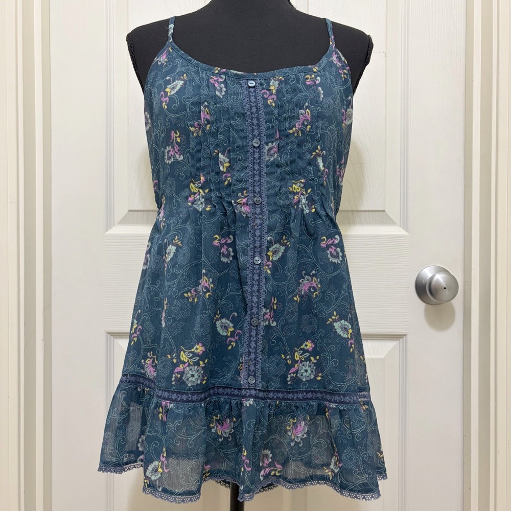 Decree Babydoll Cami Tank Top XL Teal Floral Lace Trim Boho Y2K Cottage Fairy